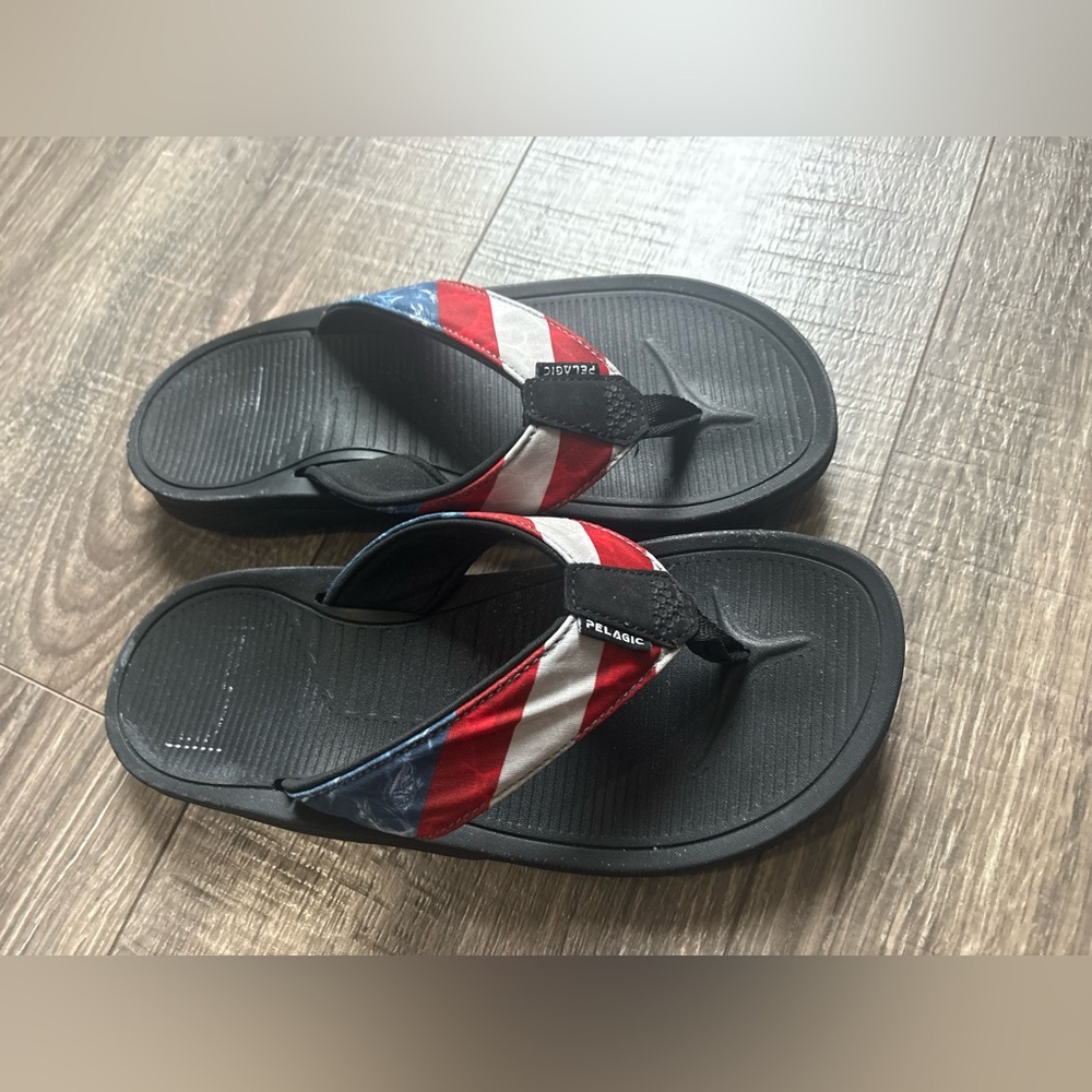 Pelagic Men's flip flops with Black, Red, and Blue Stripes